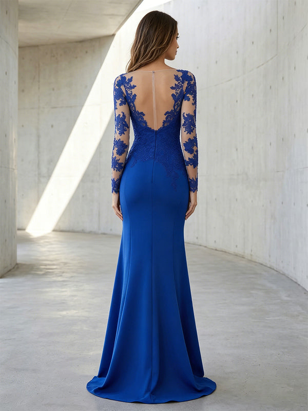 Satin Mermaid Scoop Neck Lace Appliques High Waist Formal Dresses