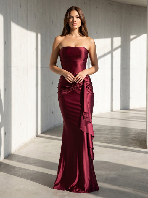 Satin Mermaid Strapless Ruffles Corset Formal Dresses