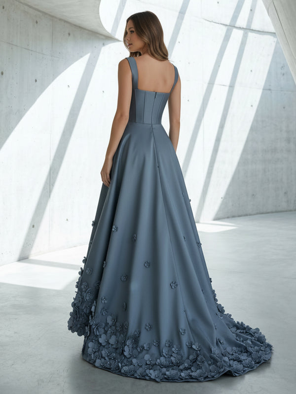 Satin A Line Square Neck 3D Flowers Ruched Formal Dresses