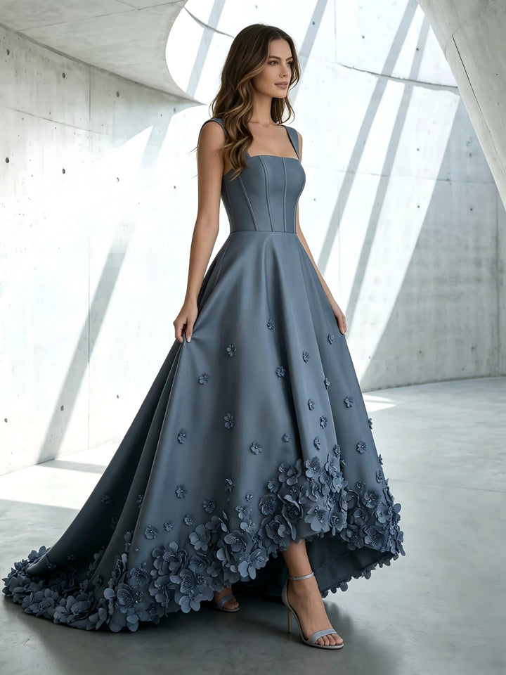 Satin A Line Square Neck 3D Flowers Ruched Formal Dresses