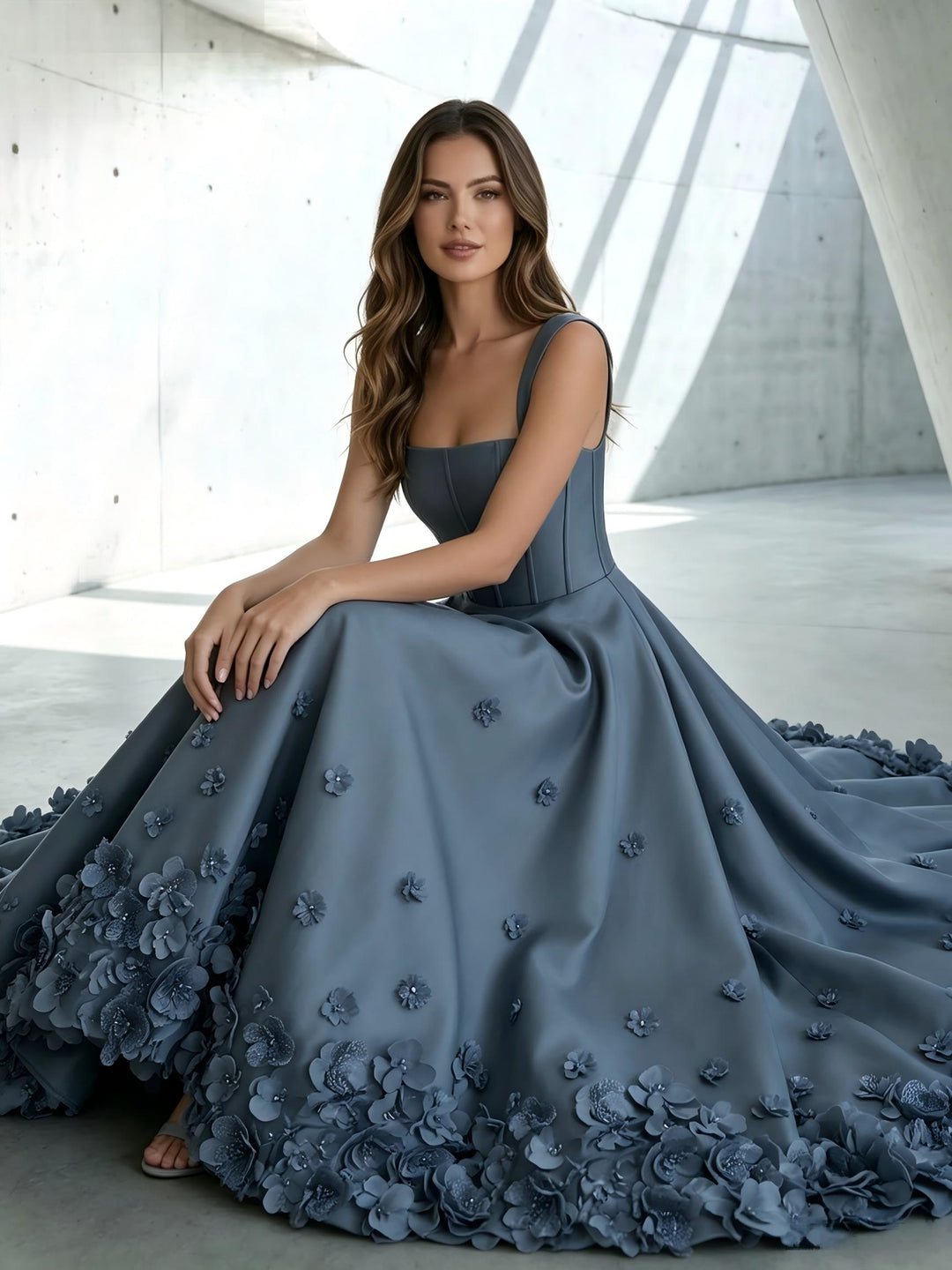 Satin A Line Square Neck 3D Flowers Ruched Formal Dresses
