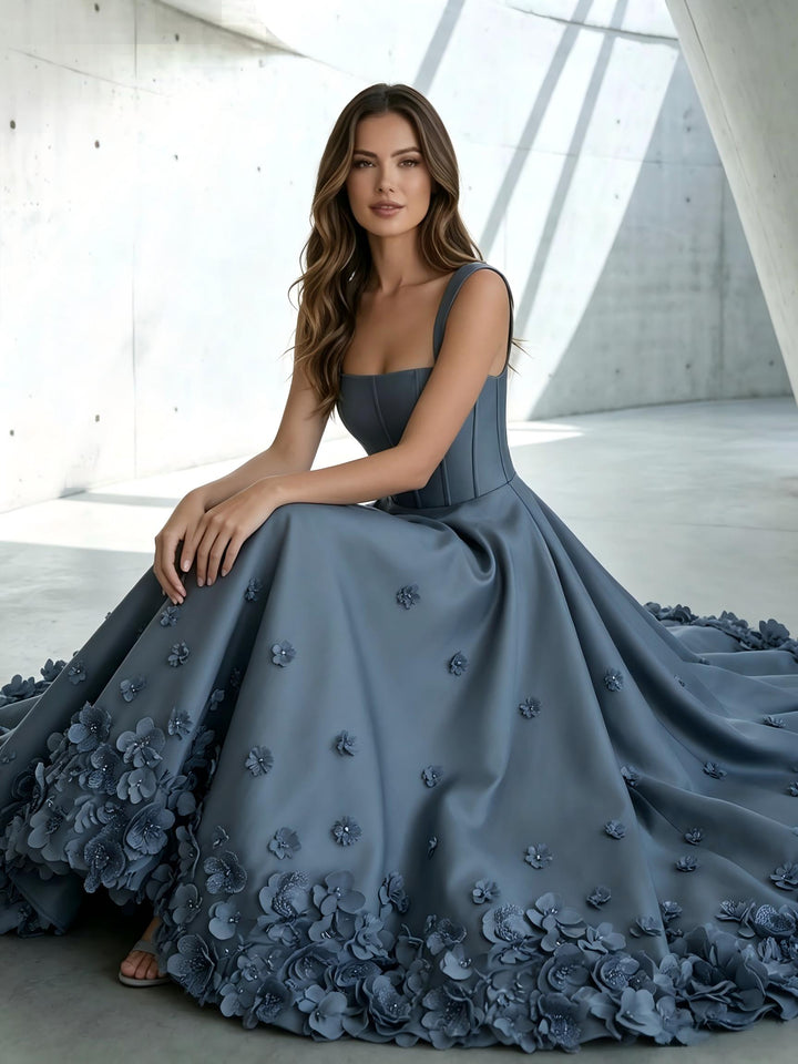 Satin A Line Square Neck 3D Flowers Ruched Formal Dresses