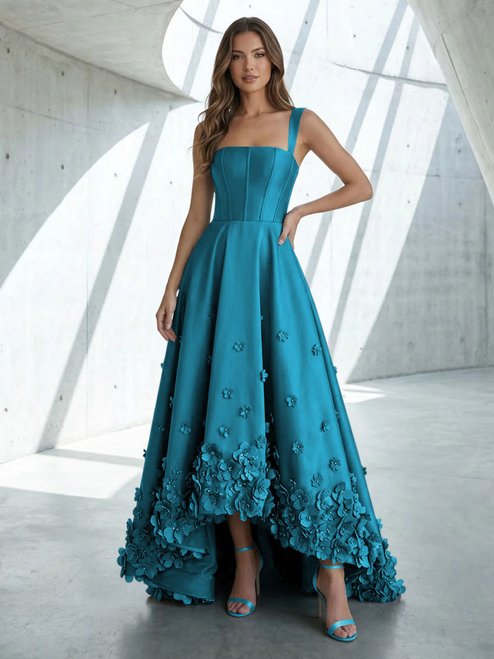 Satin A Line Square Neck 3D Flowers Ruched Formal Dresses