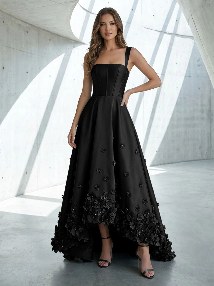 Satin A Line Square Neck 3D Flowers Ruched Formal Dresses