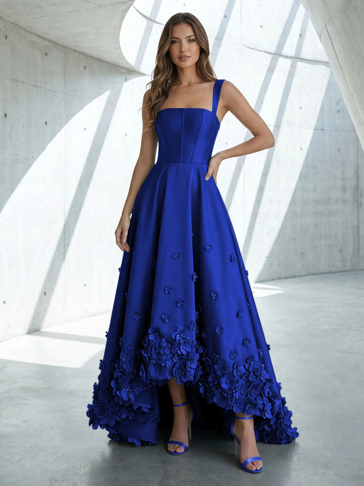 Satin A Line Square Neck 3D Flowers Ruched Formal Dresses