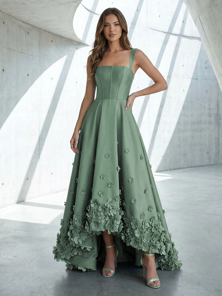 Satin A Line Square Neck 3D Flowers Ruched Formal Dresses