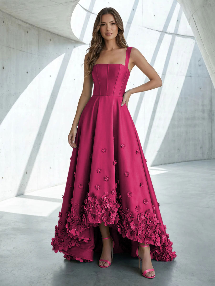 Satin A Line Square Neck 3D Flowers Ruched Formal Dresses
