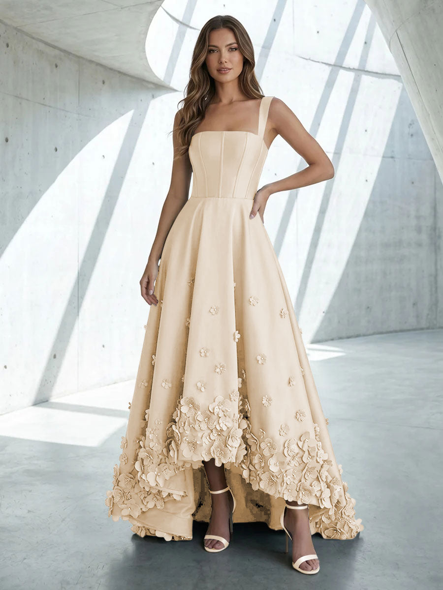 Satin A Line Square Neck 3D Flowers Ruched Formal Dresses