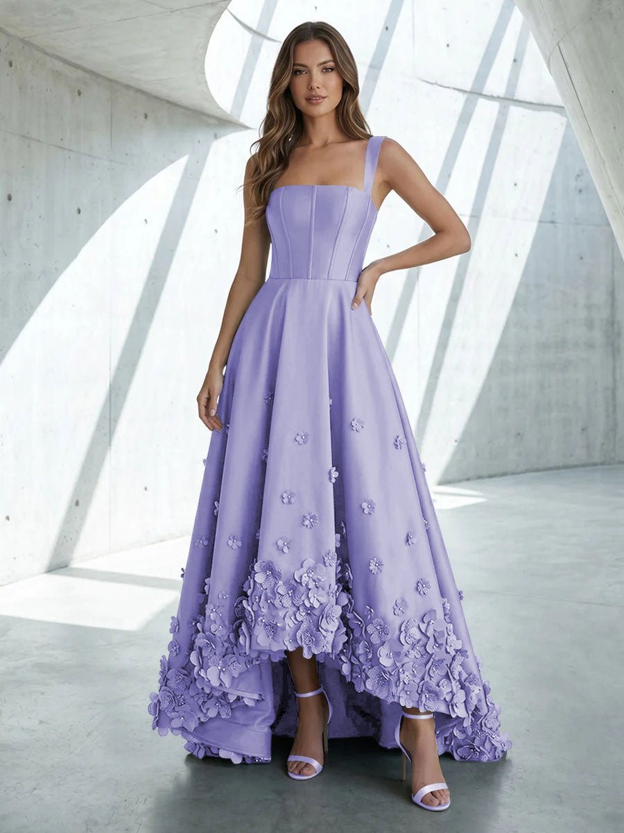 Satin A Line Square Neck 3D Flowers Ruched Formal Dresses