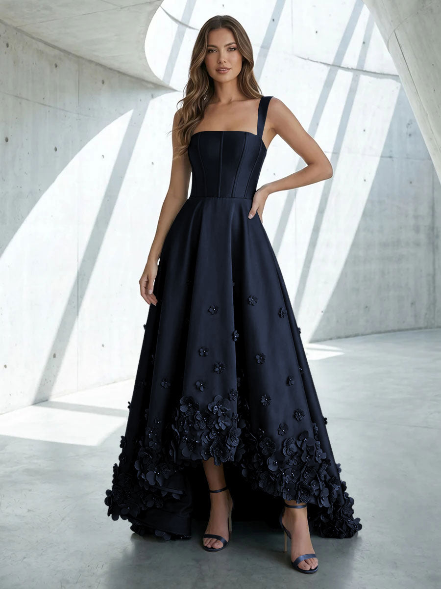 Satin A Line Square Neck 3D Flowers Ruched Formal Dresses