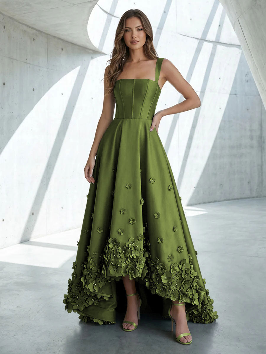 Satin A Line Square Neck 3D Flowers Ruched Formal Dresses