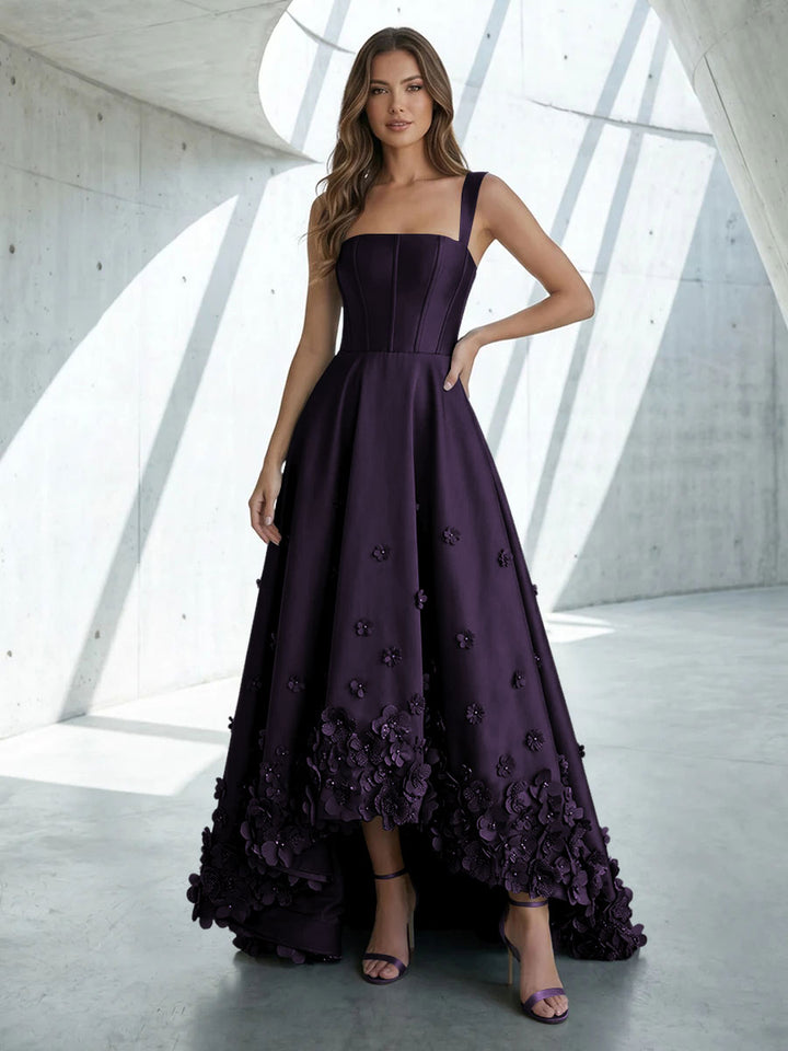Satin A Line Square Neck 3D Flowers Ruched Formal Dresses