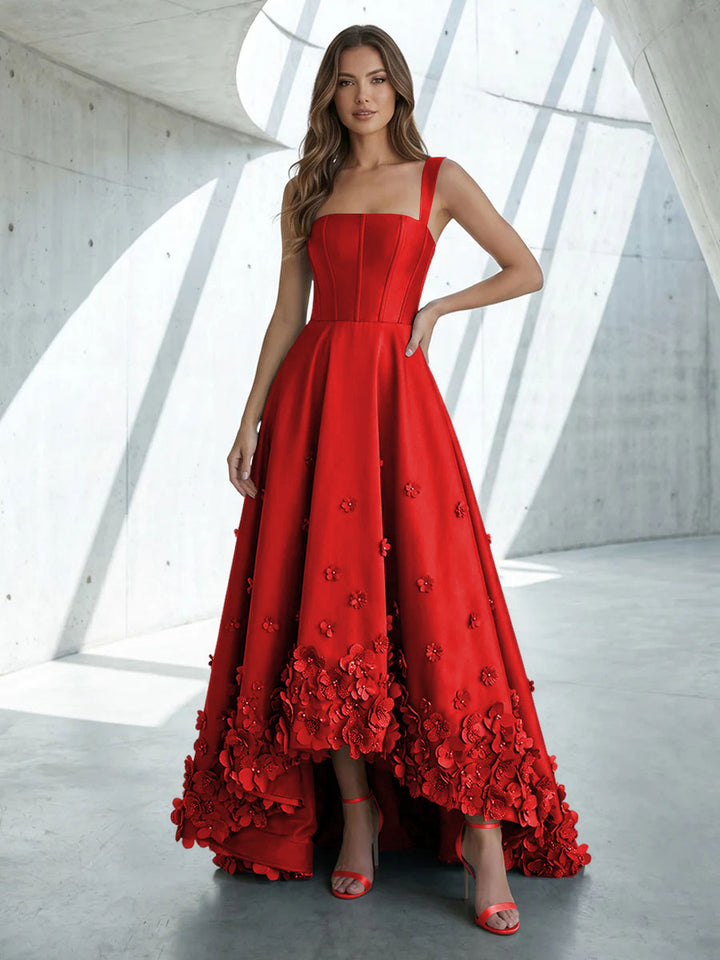 Satin A Line Square Neck 3D Flowers Ruched Formal Dresses