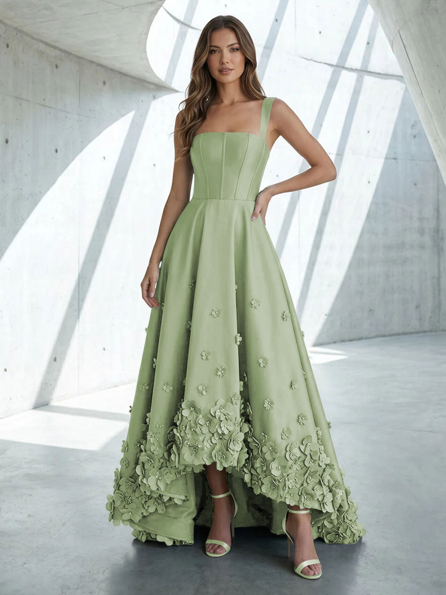 Satin A Line Square Neck 3D Flowers Ruched Formal Dresses