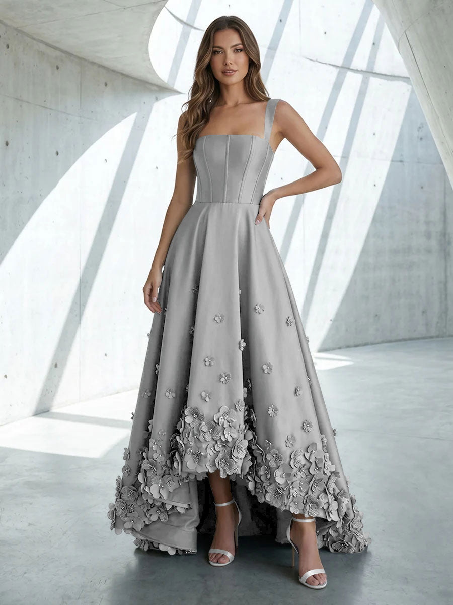 Satin A Line Square Neck 3D Flowers Ruched Formal Dresses