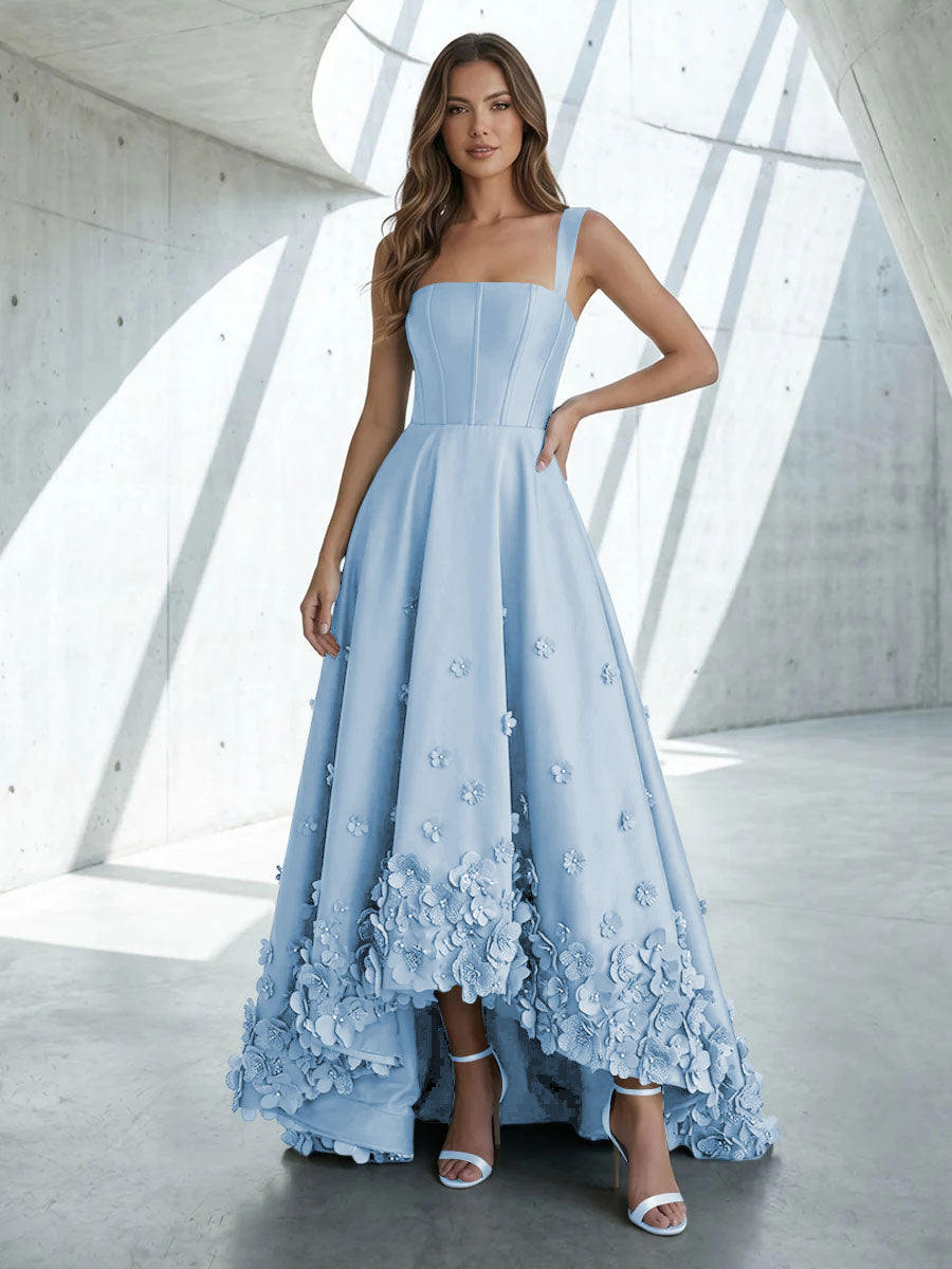 Satin A Line Square Neck 3D Flowers Ruched Formal Dresses