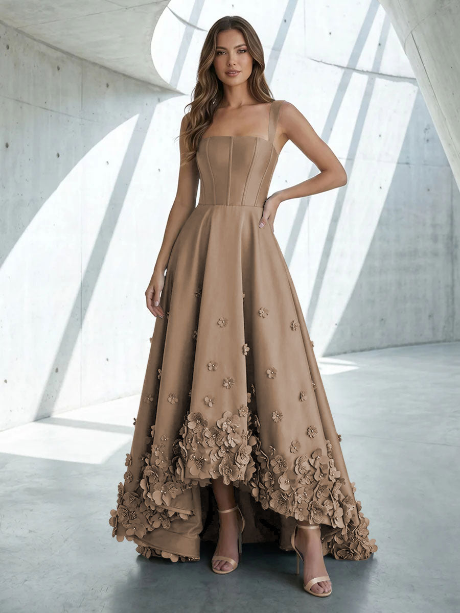 Satin A Line Square Neck 3D Flowers Ruched Formal Dresses