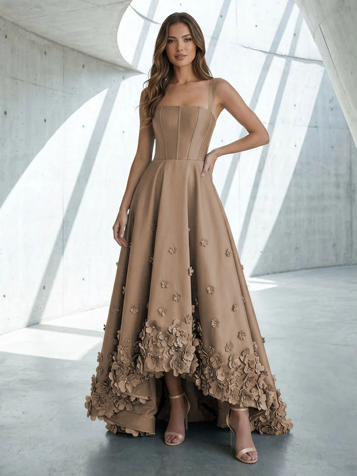 Satin A Line Square Neck 3D Flowers Ruched Formal Dresses