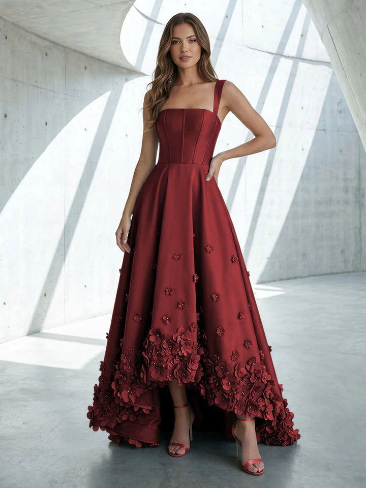 Satin A Line Square Neck 3D Flowers Ruched Formal Dresses