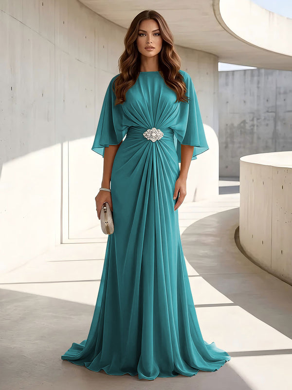 Chiffon A Line Scoop Neck Ruched High Waist Formal Dresses
