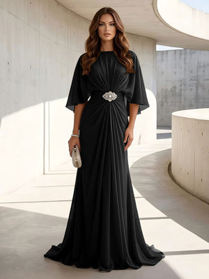 Chiffon A Line Scoop Neck Ruched High Waist Formal Dresses