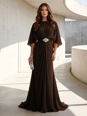 Chiffon A Line Scoop Neck Ruched High Waist Formal Dresses