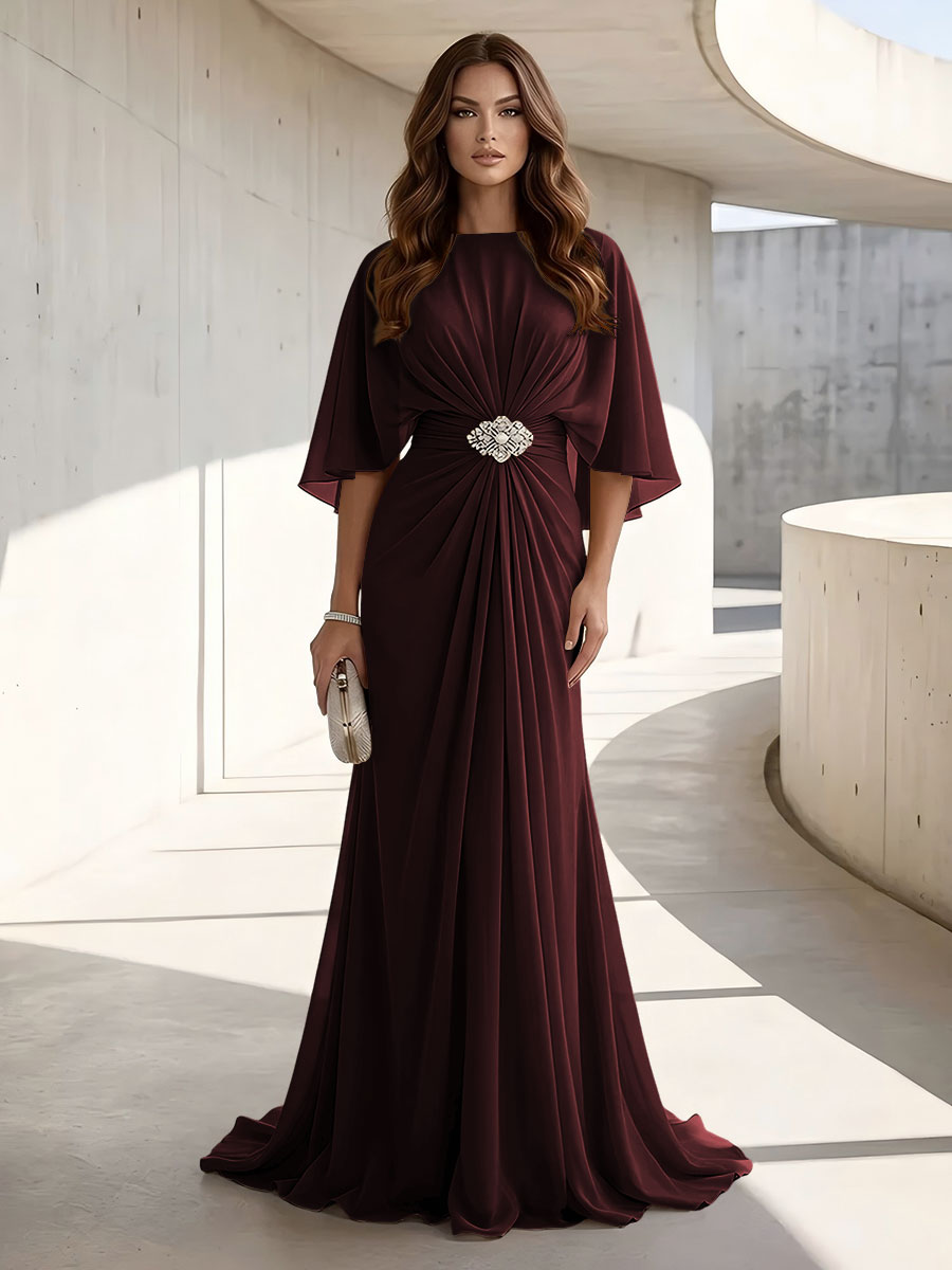 Chiffon A Line Scoop Neck Ruched High Waist Formal Dresses