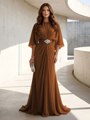Chiffon A Line Scoop Neck Ruched High Waist Formal Dresses