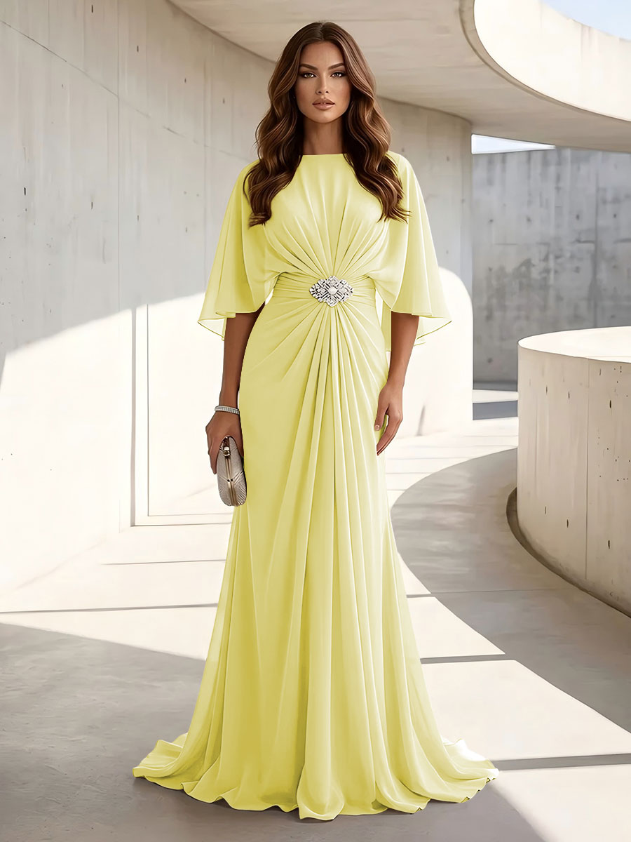 Chiffon A Line Scoop Neck Ruched High Waist Formal Dresses