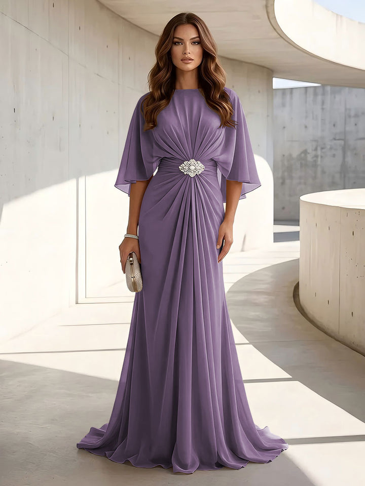 Chiffon A Line Scoop Neck Ruched High Waist Formal Dresses