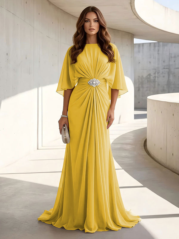 Chiffon A Line Scoop Neck Ruched High Waist Formal Dresses