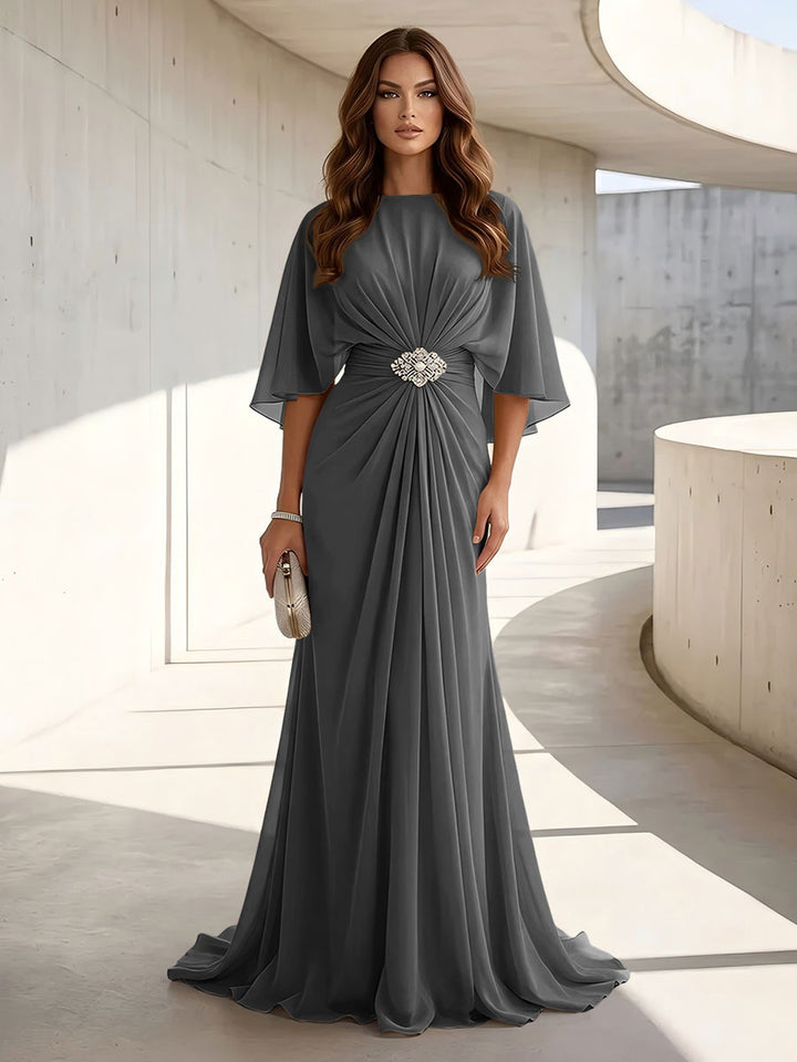 Chiffon A Line Scoop Neck Ruched High Waist Formal Dresses