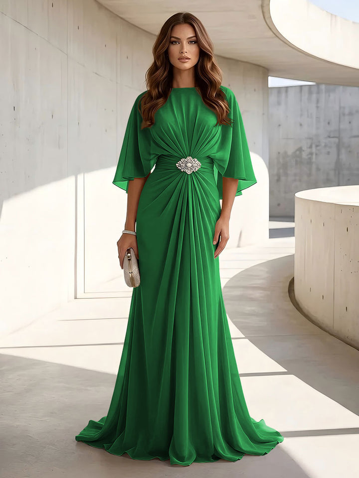 Chiffon A Line Scoop Neck Ruched High Waist Formal Dresses