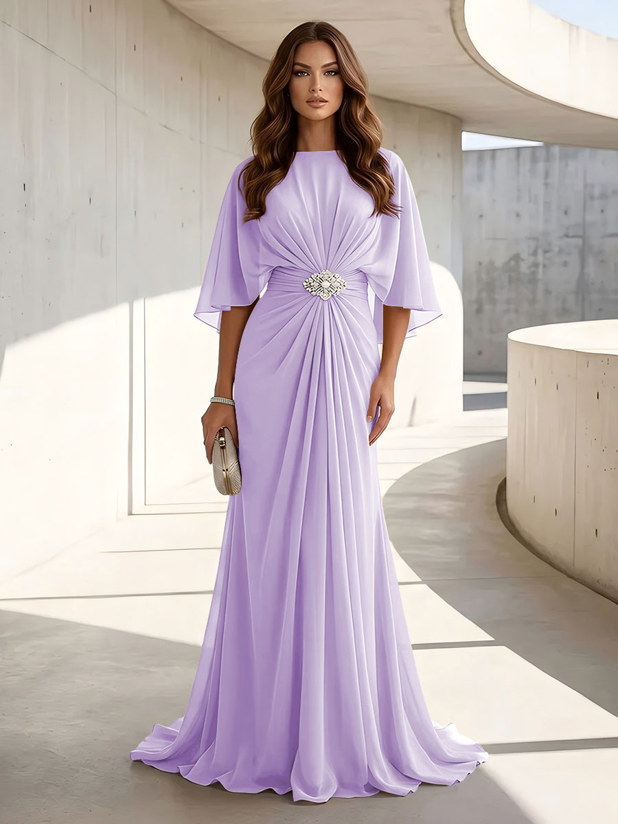 Chiffon A Line Scoop Neck Ruched High Waist Formal Dresses