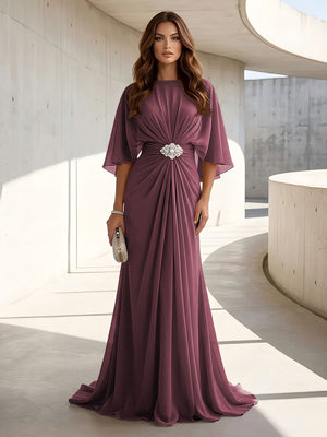 Chiffon A Line Scoop Neck Ruched High Waist Formal Dresses