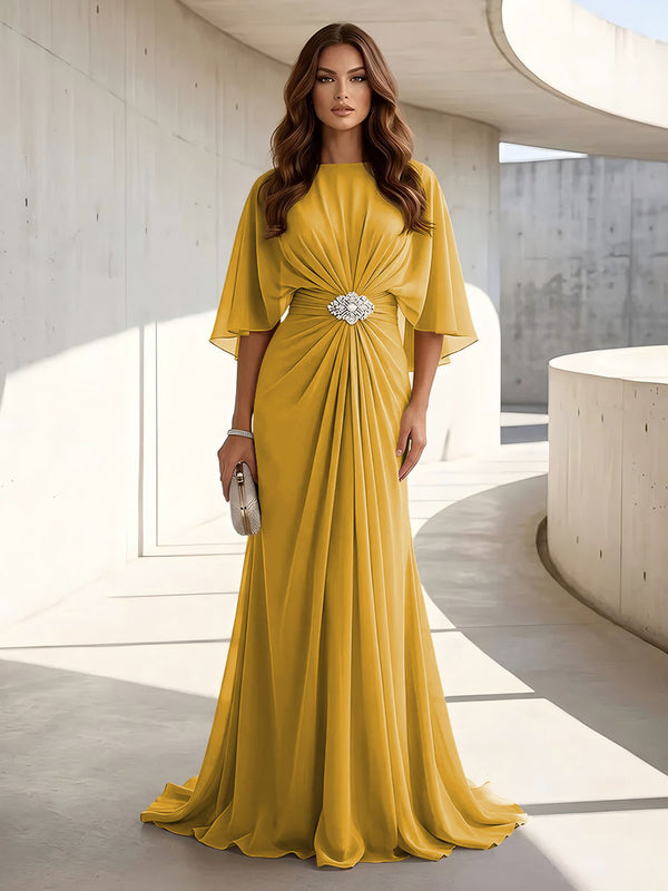 Chiffon A Line Scoop Neck Ruched High Waist Formal Dresses