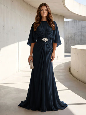 Chiffon A Line Scoop Neck Ruched High Waist Formal Dresses