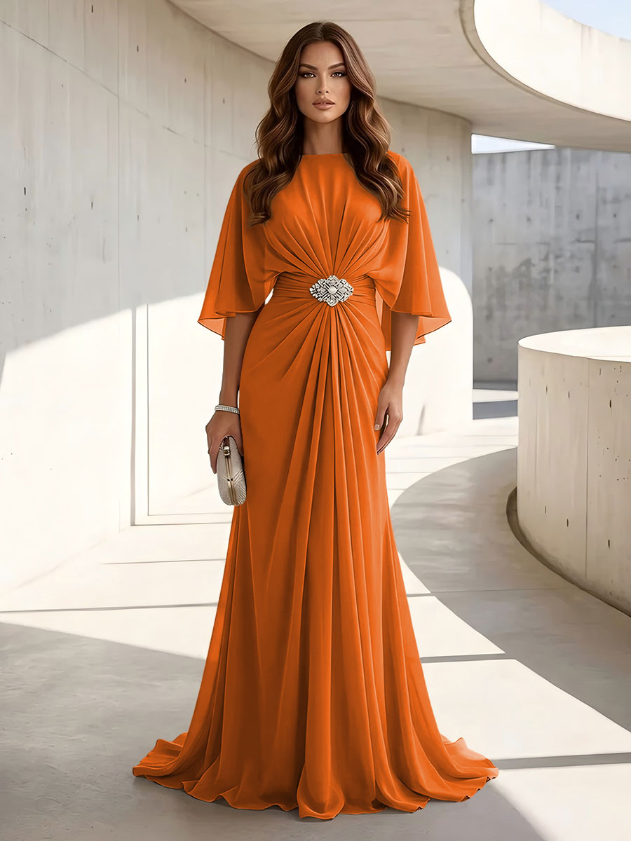 Chiffon A Line Scoop Neck Ruched High Waist Formal Dresses