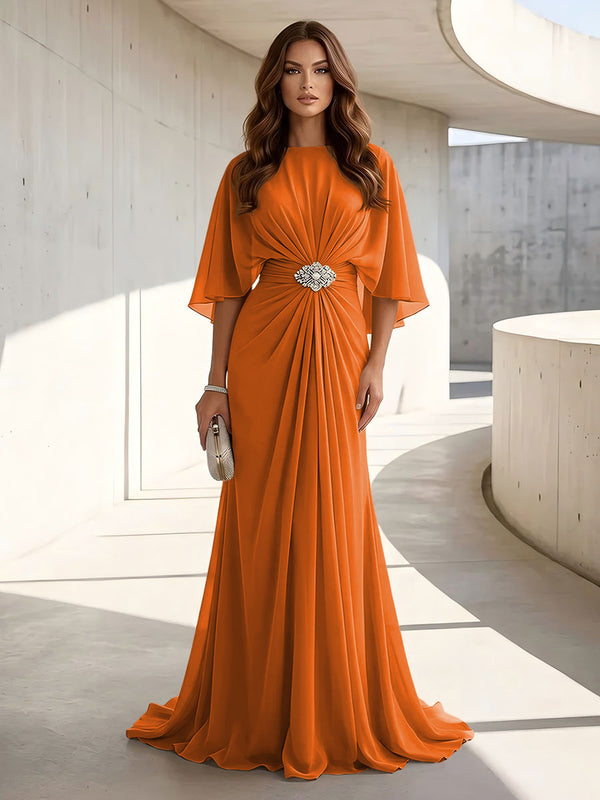 Chiffon A Line Scoop Neck Ruched High Waist Formal Dresses