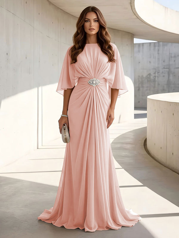 Chiffon A Line Scoop Neck Ruched High Waist Formal Dresses