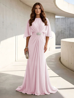 Chiffon A Line Scoop Neck Ruched High Waist Formal Dresses