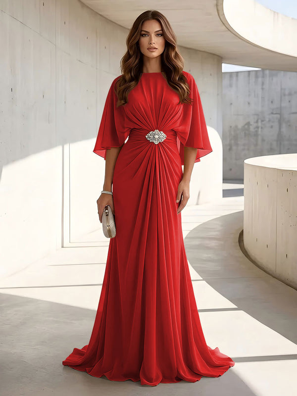 Chiffon A Line Scoop Neck Ruched High Waist Formal Dresses