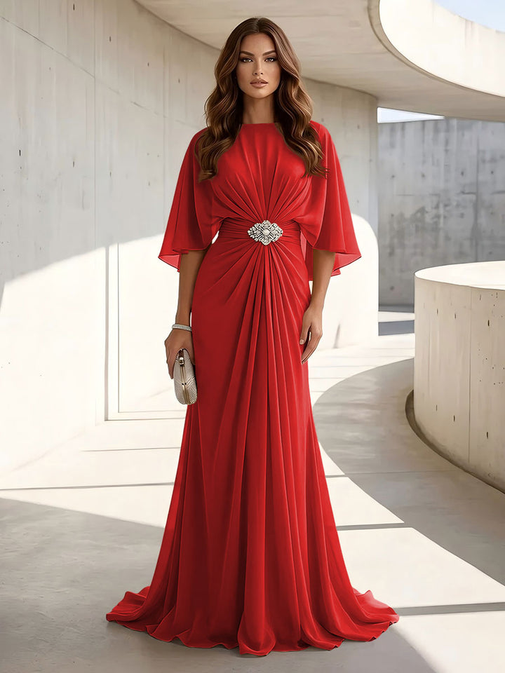 Chiffon A Line Scoop Neck Ruched High Waist Formal Dresses