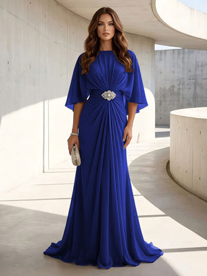 Chiffon A Line Scoop Neck Ruched High Waist Formal Dresses