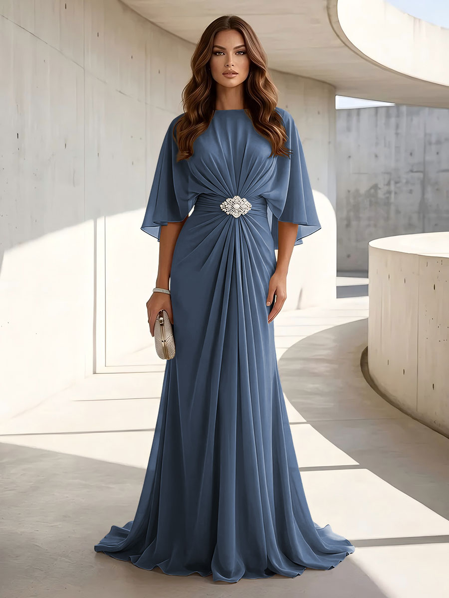 Chiffon A Line Scoop Neck Ruched High Waist Formal Dresses
