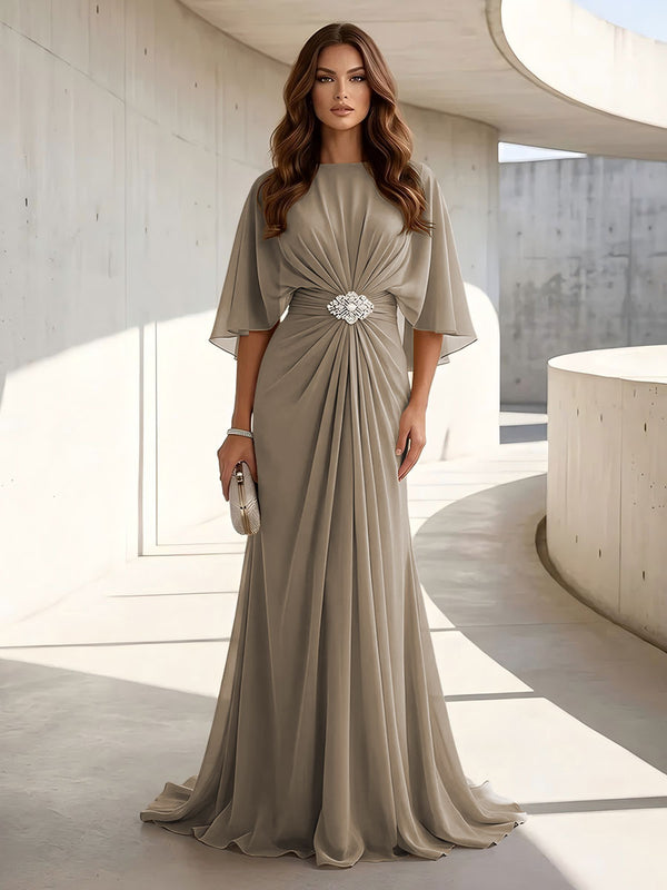 Chiffon A Line Scoop Neck Ruched High Waist Formal Dresses