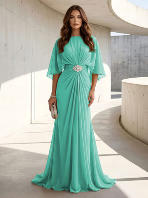 Chiffon A Line Scoop Neck Ruched High Waist Formal Dresses