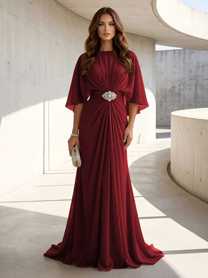 Chiffon A Line Scoop Neck Ruched High Waist Formal Dresses