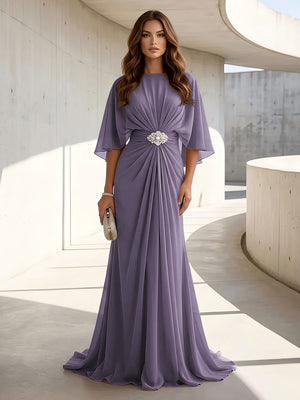 Chiffon A Line Scoop Neck Ruched High Waist Formal Dresses