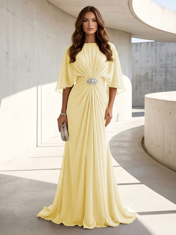Chiffon A Line Scoop Neck Ruched High Waist Formal Dresses